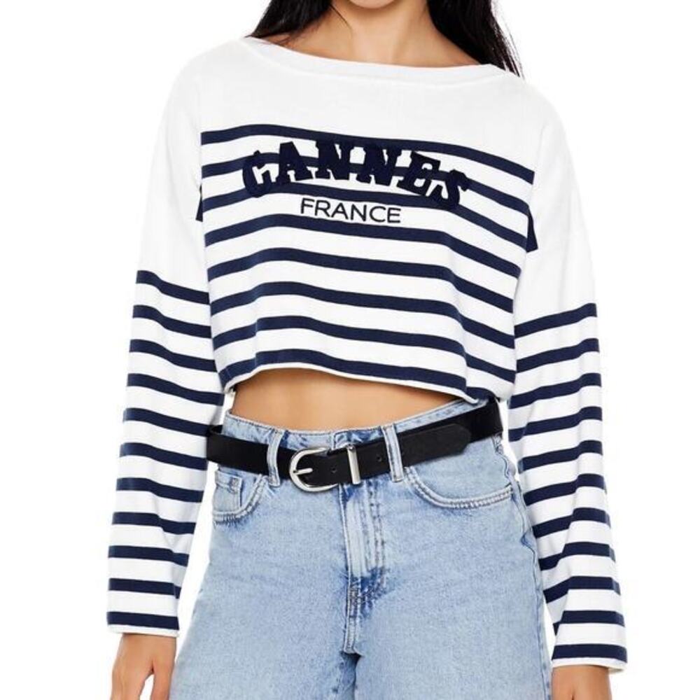 Forever 21 Cannes France Crop Sweater White Navy Striped Ribbed Knit Coastal